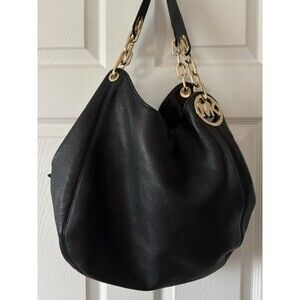 Michael Kors Hobo Handbag - Black- Pebbled Leather - gold chain Gently Used